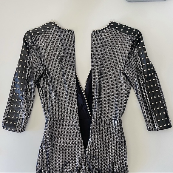 Nadine Merabi Katia Sequin Studded Plunging Mini Dress Silver Black Small - Picture 10 of 16